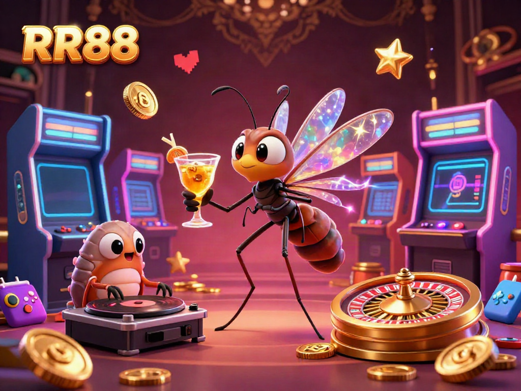 Experience the thrill of RR88 with a vibrant casino scene showcasing a frozen mosquito mascot, fossil DJ, and golden roulette wheel.