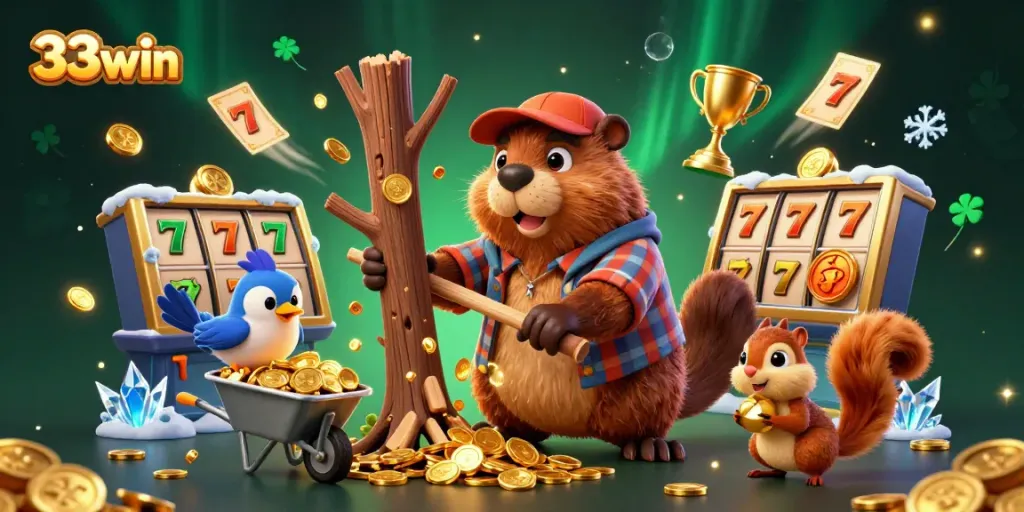 Experience the excitement of 33win with a cartoon beaver, coins, and vibrant casino elements.