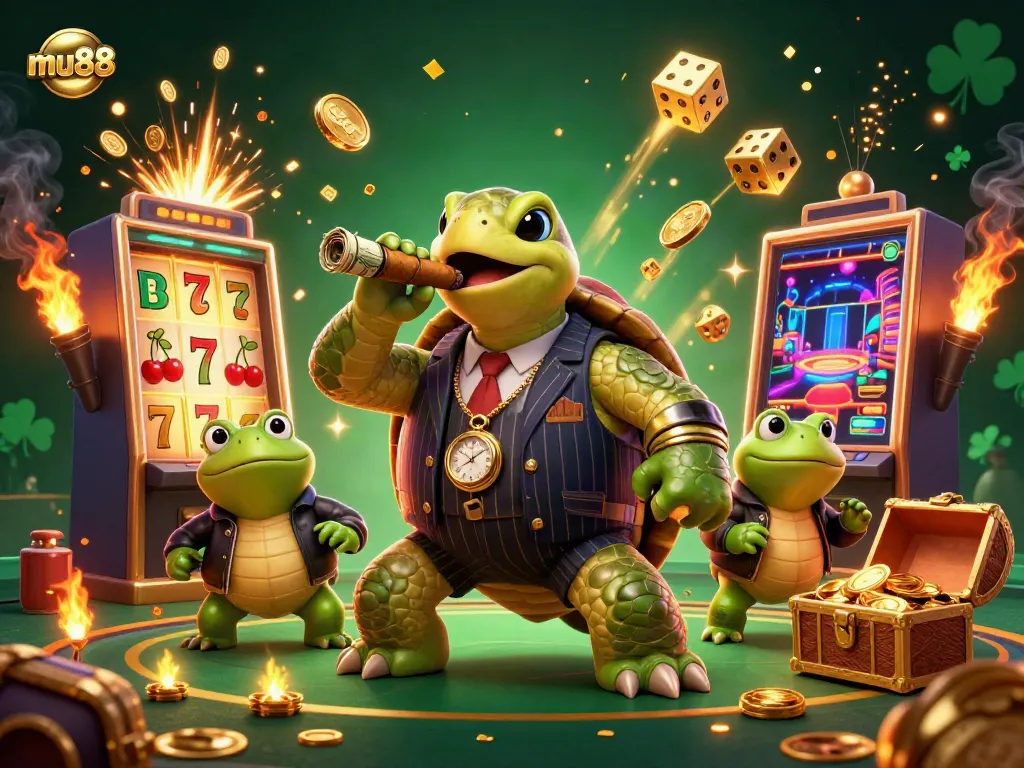 Experience the thrilling atmosphere of mu88 casino with a playful turtle and bullfrogs amidst jackpots and gaming excitement.