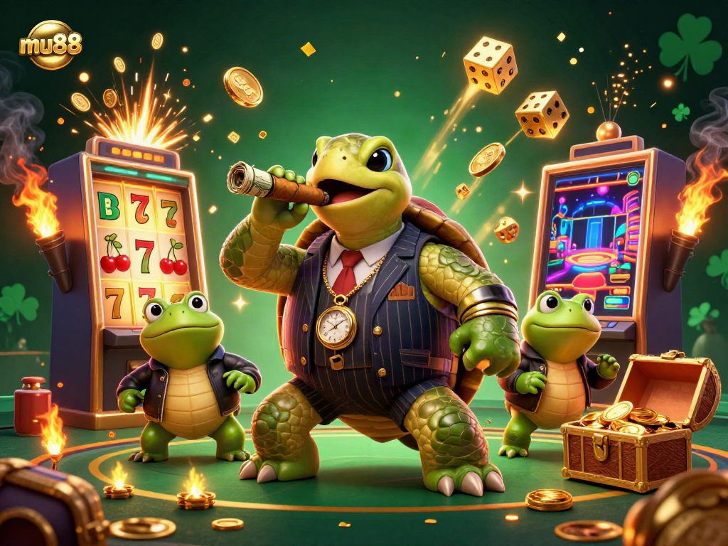 Experience the thrilling atmosphere of mu88 casino with a playful turtle and bullfrogs amidst jackpots and gaming excitement.