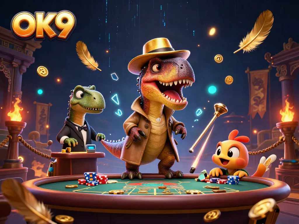 Engaging scene showing the OK9 velociraptor card counter at a casino table amidst vibrant gaming elements.
