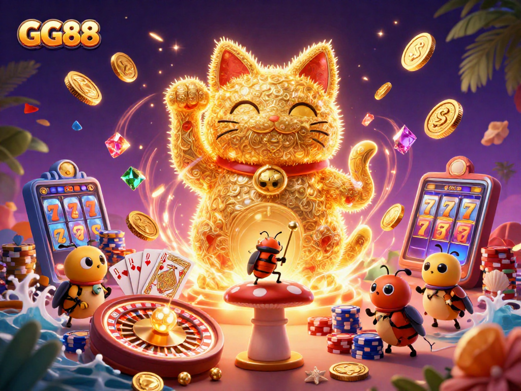 Experience GG88 with a lively scene showcasing a golden lucky cat, flying coins, and glowing game elements.