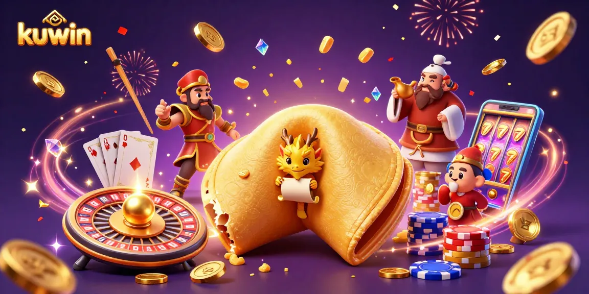 Engage with kuwin's thrilling games featuring a golden fortune cookie scene, casino excitement abounds.
