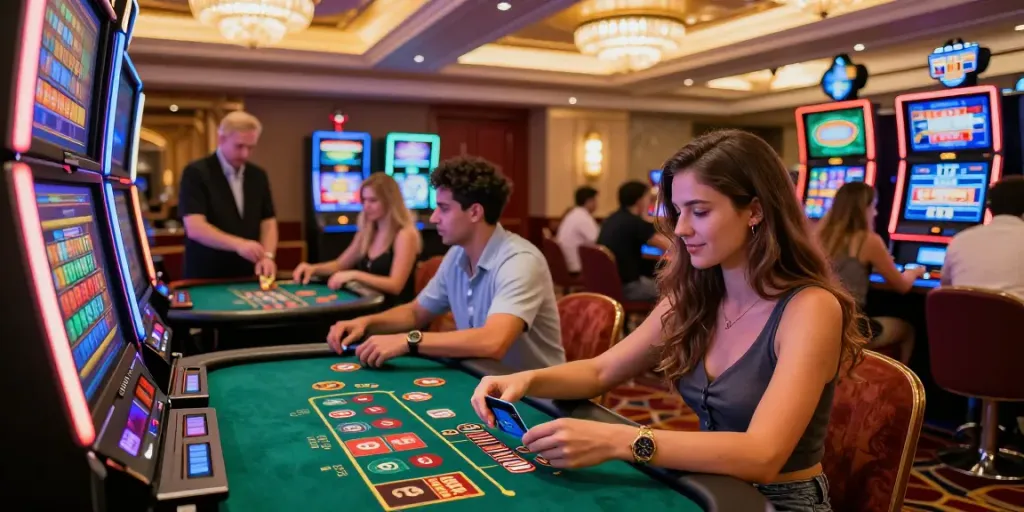 Players enjoying the excitement of online credit card casinos with vibrant lights and interactions.