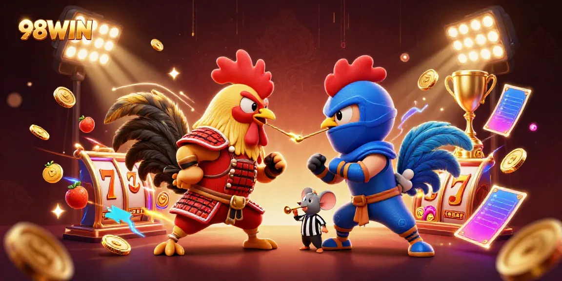 Engage with 98WIN's thrilling casino scene featuring fighting roosters and vibrant gaming elements.