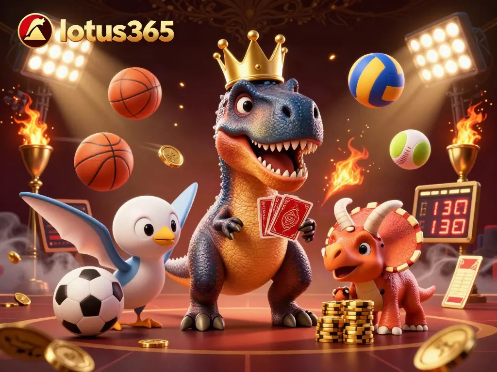 Engage in sports betting on lotus365 as T-Rex deals cards and a pterodactyl supports the action.