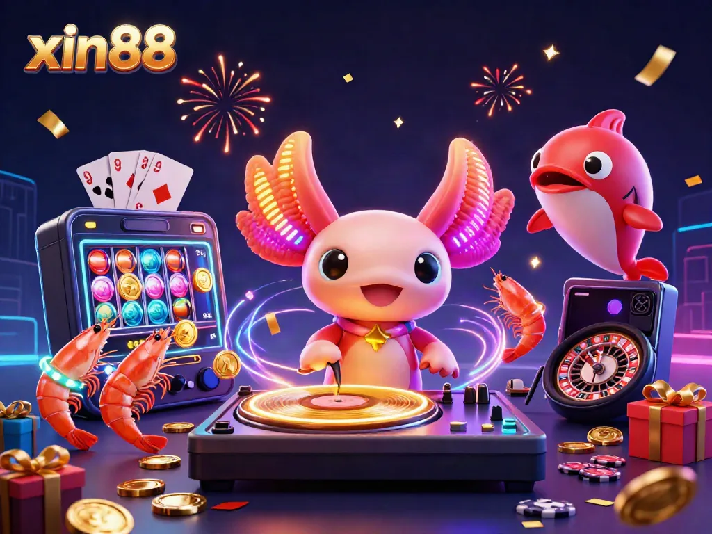 Experience the excitement of xin88 with a vibrant underwater casino scene featuring a neon axolotl DJ and playful shrimp.