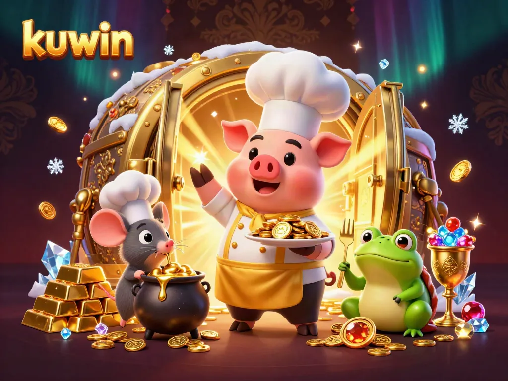 Kuwin casino scene featuring a chef pig serving gold coins, lively characters in a vibrant atmosphere.