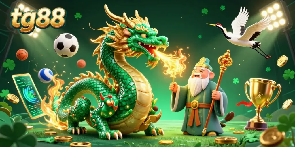 Experience the excitement of tg88 with a powerful jade dragon, dynamic sports elements, and a whimsical turtle sage in 3D.