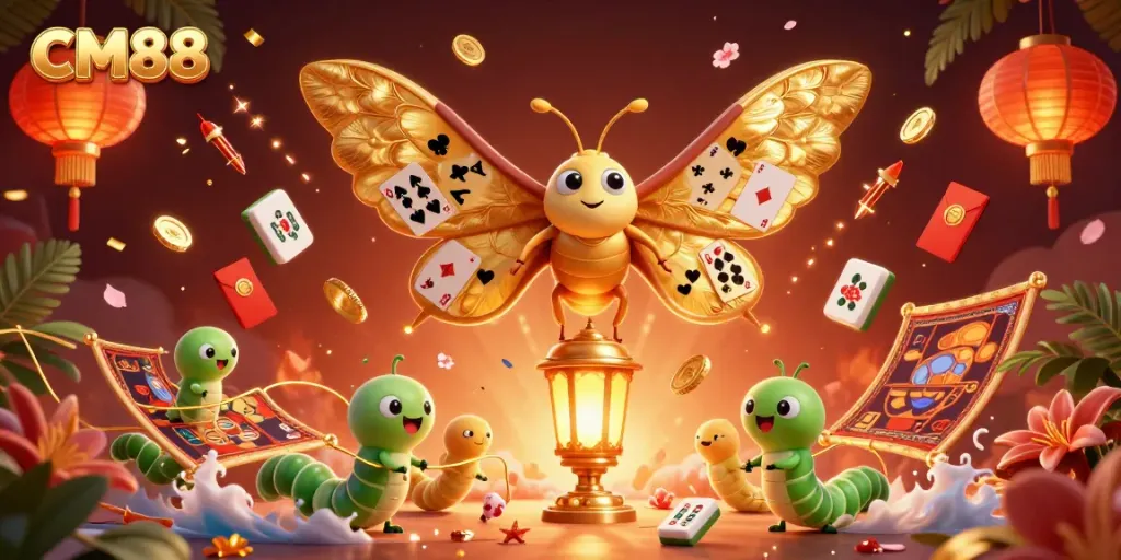 Engage in thrilling gaming at CM88 with vibrant 3D designs showcasing casino culture elements.