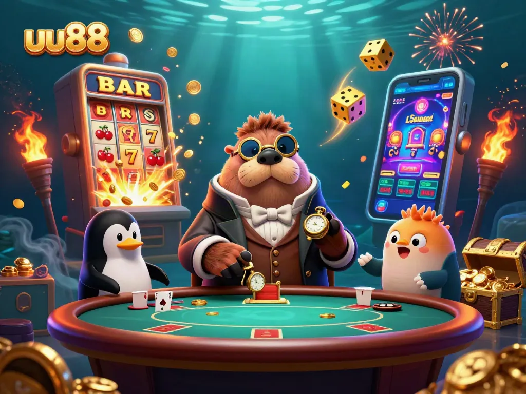Play exciting games at uu88 with a fun underwater poker scene featuring adorable characters and dynamic casino elements.