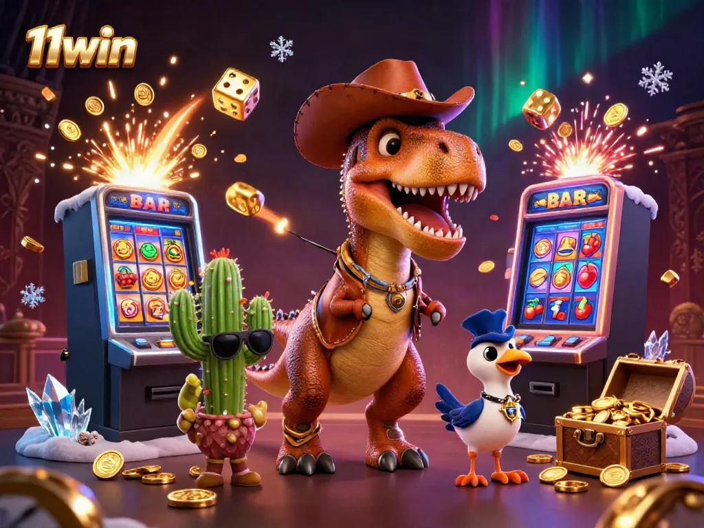 Experience vibrant casino action with 11win featuring a T-Rex, cactus sidekick, and roaring slot machines.