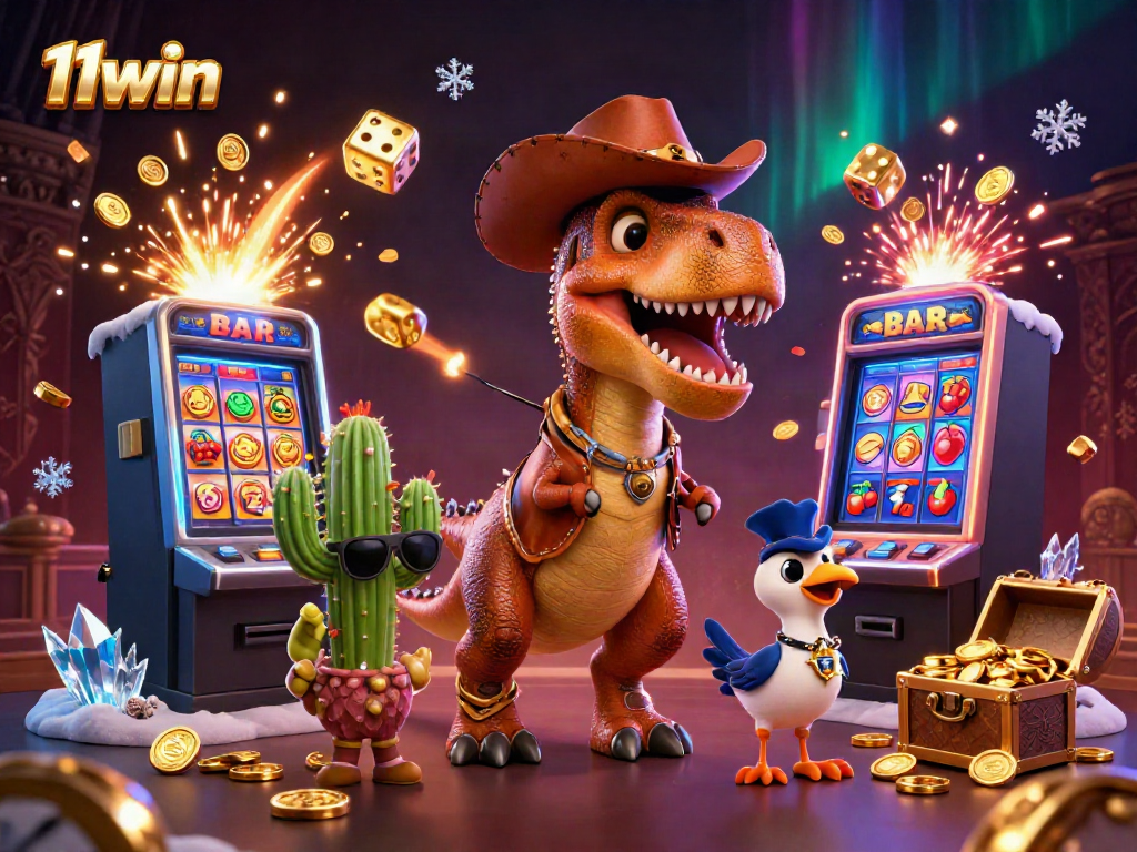 Experience vibrant casino action with 11win featuring a T-Rex, cactus sidekick, and roaring slot machines.