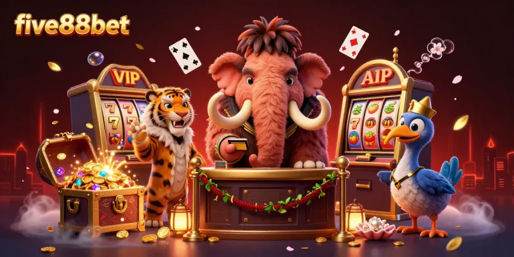 Win big with five88bet in this vibrant casino scene featuring a woolly mammoth bouncer, saber-tooth VIP, and dodo doorman.