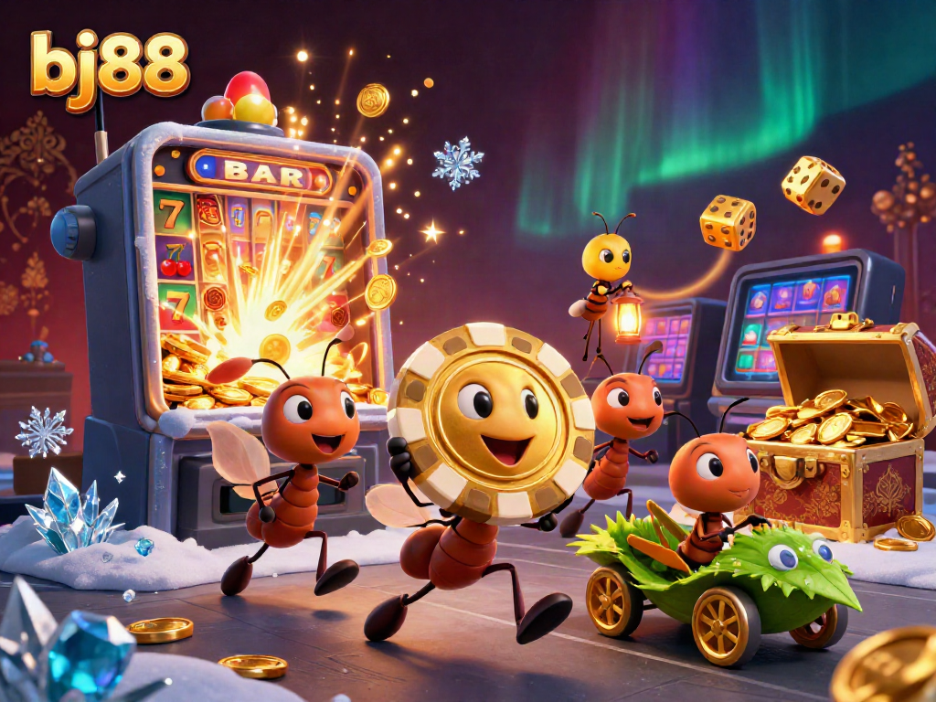 BJ88 team of ants heisting a golden poker chip amidst vibrant casino elements and jackpot explosions