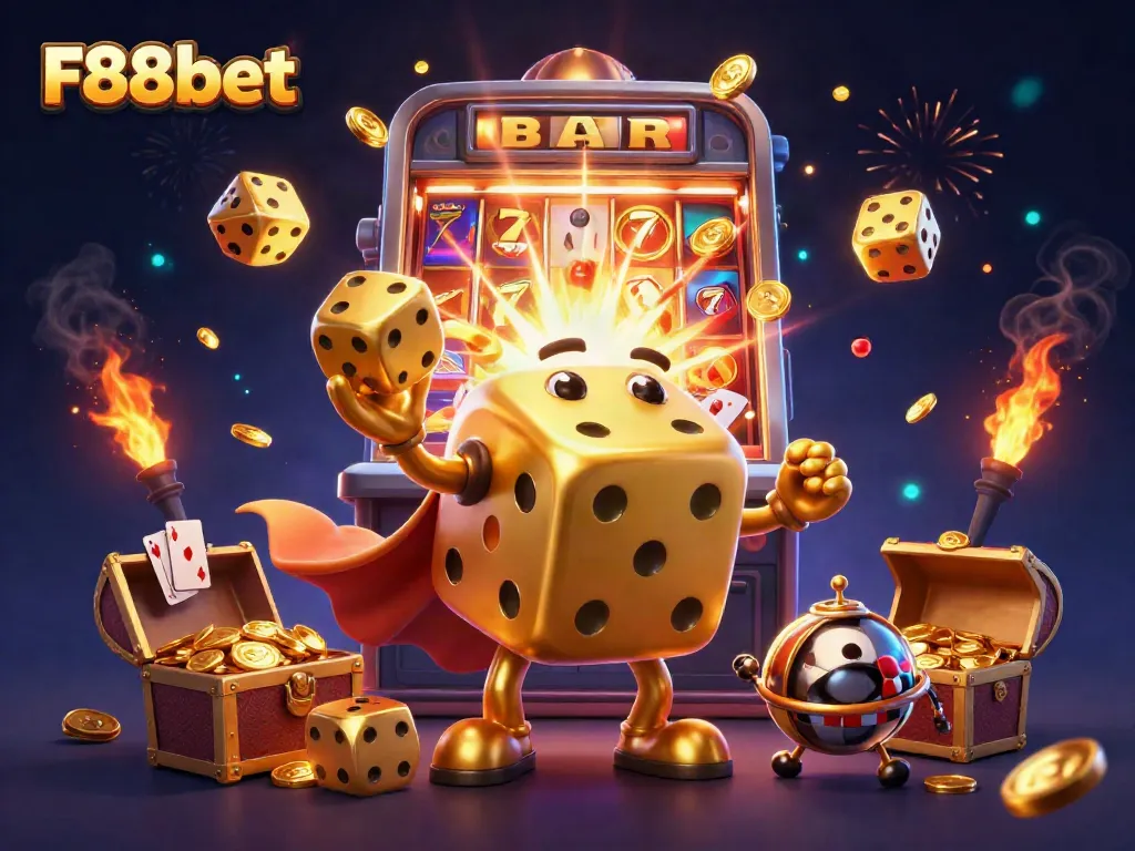 Experience the vibrant casino world with F88bet's dynamic golden dice golem juggling in a breathtaking scene.