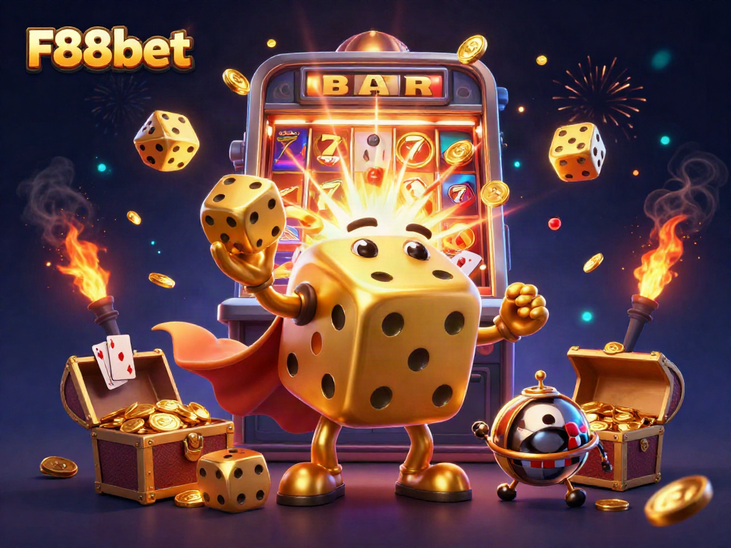 Experience the vibrant casino world with F88bet's dynamic golden dice golem juggling in a breathtaking scene.