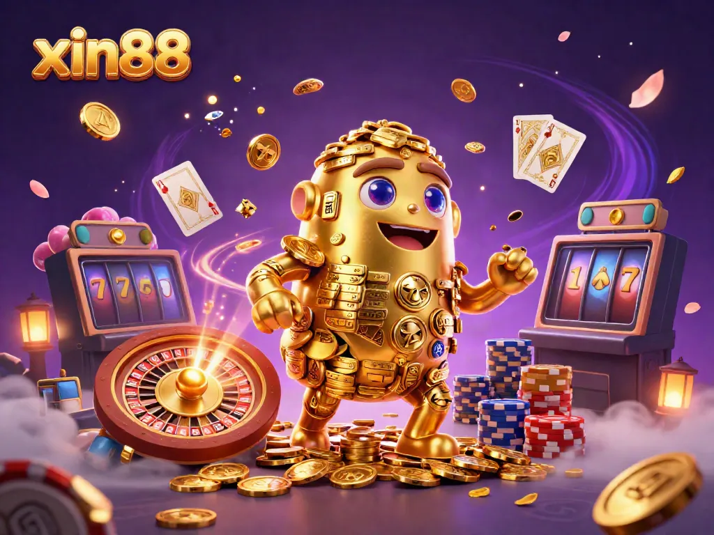 Experience excitement at xin88 with vivid casino elements, featuring a golden golem and dynamic game symbols.