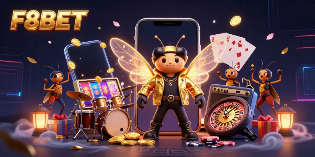 Engage with F8BET in an energetic 3D illustration of a cicada rock star and gaming elements.