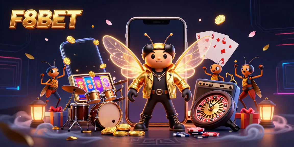 Engage with F8BET in an energetic 3D illustration of a cicada rock star and gaming elements.