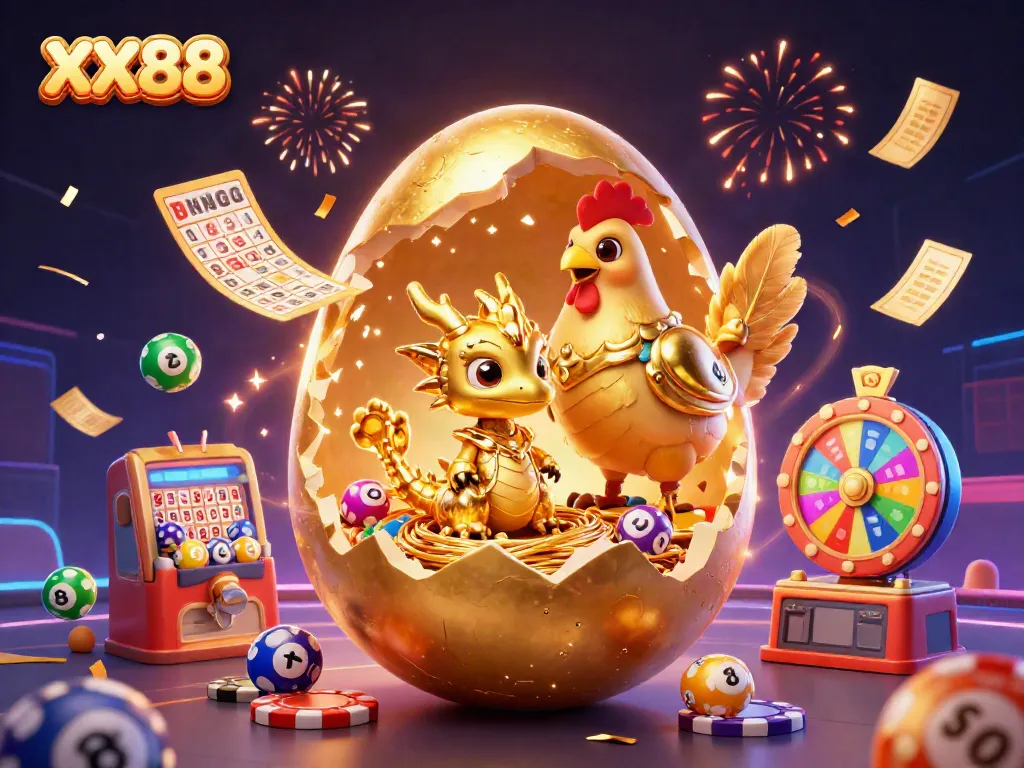 Experience exciting wins with XX88; a golden dragon, poker chips, and colorful lottery balls celebrate the thrill of gaming.