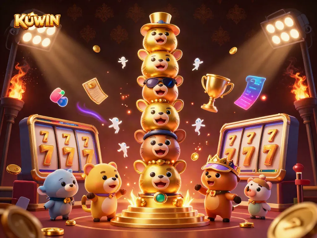 Experience the thrill of KUWIN with vibrant casino elements, showcasing a dynamic totem and game excitement.