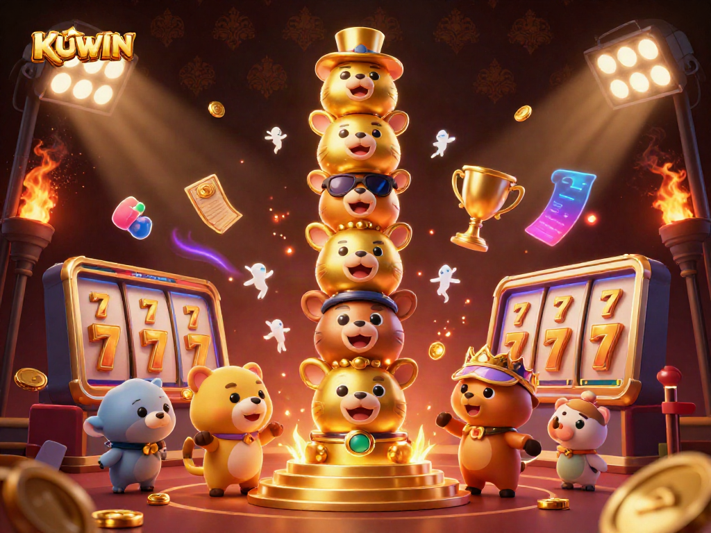Experience the thrill of KUWIN with vibrant casino elements, showcasing a dynamic totem and game excitement.