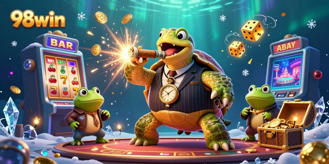Experience the excitement of 98win with a dynamic gaming scene featuring a turtle in a mobster suit and jackpots.