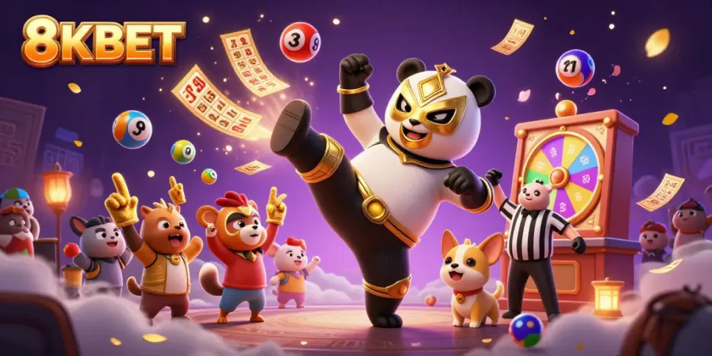 Experience excitement at 8KBET with a vibrant 3D illustration of a panda wrestler and thrilling game elements.