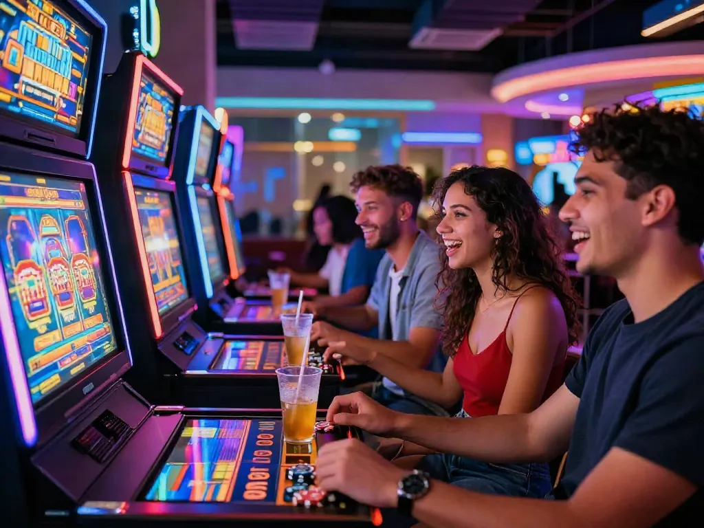 Engaging atmosphere at DiscoWin casino with friends enjoying vibrant gameplay.