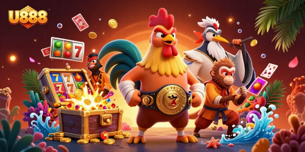 Experience U888 casino excitement with a vibrant 3D scene of joyous characters and slot reels.