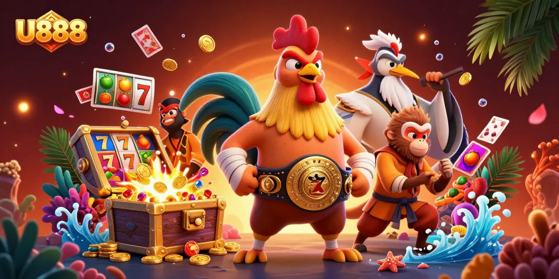 Experience U888 casino excitement with a vibrant 3D scene of joyous characters and slot reels.