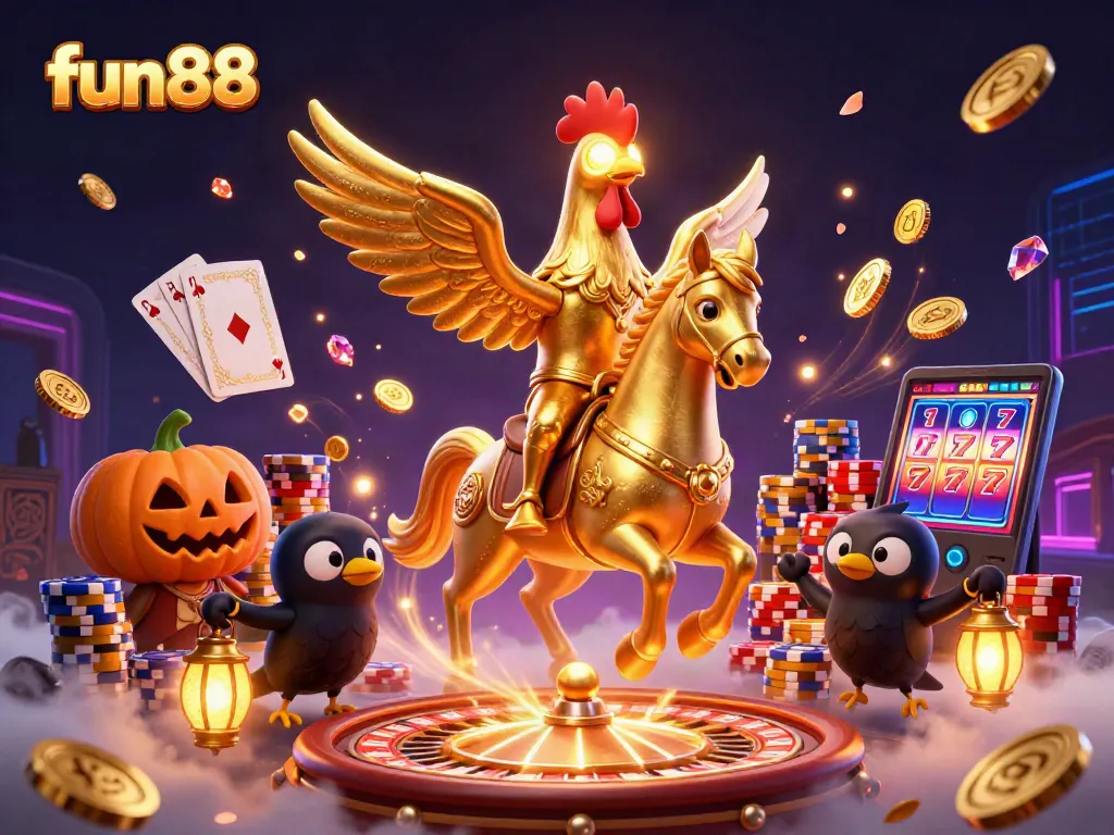 Experience fun88's vibrant casino world with golden rooster, dynamic games, and dazzling elements.