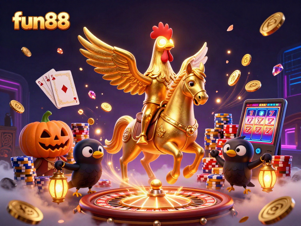 Experience fun88's vibrant casino world with golden rooster, dynamic games, and dazzling elements.