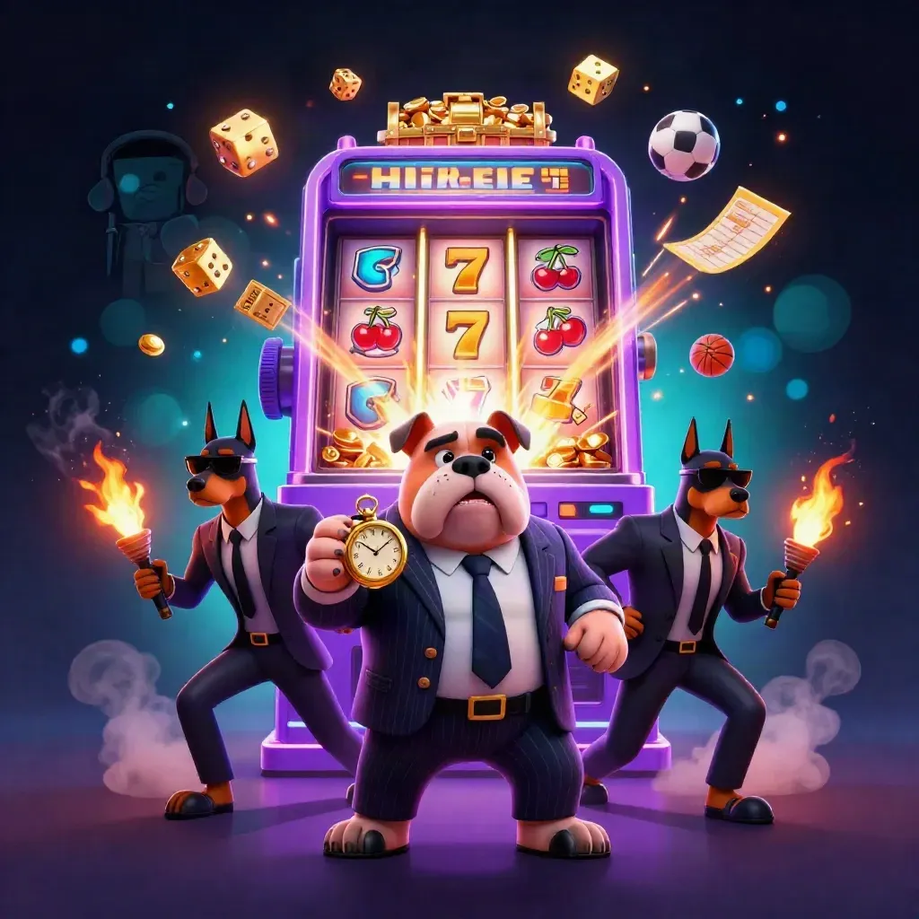 Bulldog boss and two Dobermans amid bursting slot magic, gold loot, and neon casino light