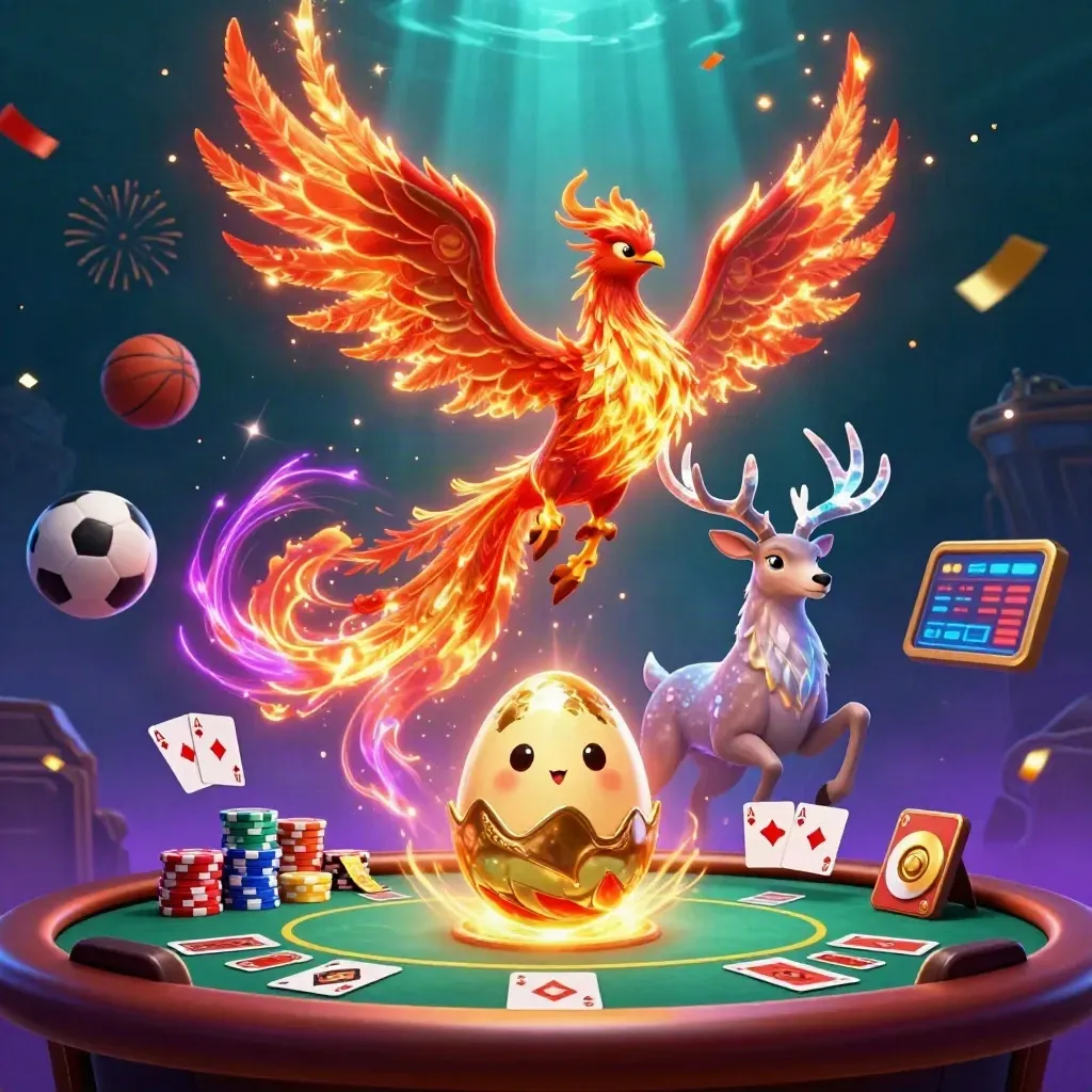 Phoenix, stag, and hatching baby phoenix amid casino props, teal rays and gold sparks.