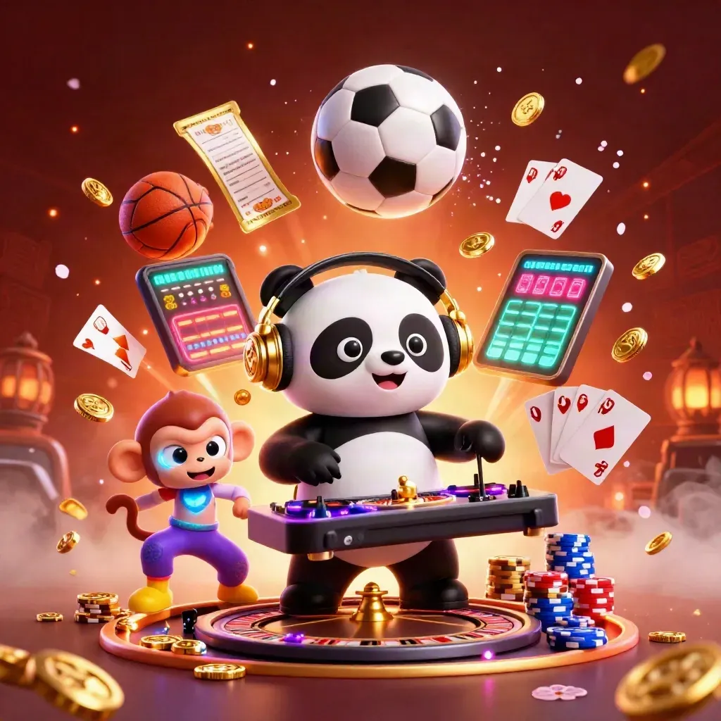 Ground-level casino-sport art with panda, monkey, kitten, soccer ball, coins, and neon chaos.