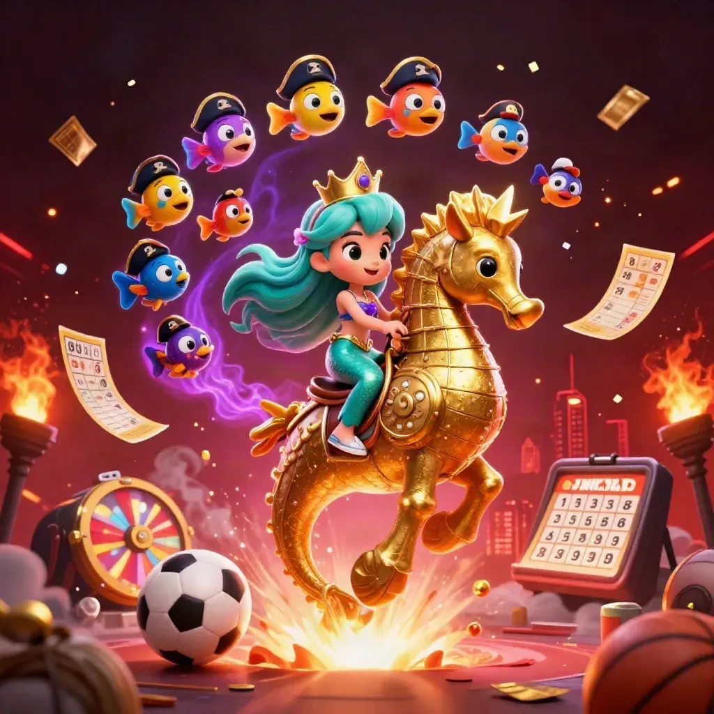 Mermaid princess on a gold seahorse amid lottery balls, bingo card, prize wheel, and casino lights