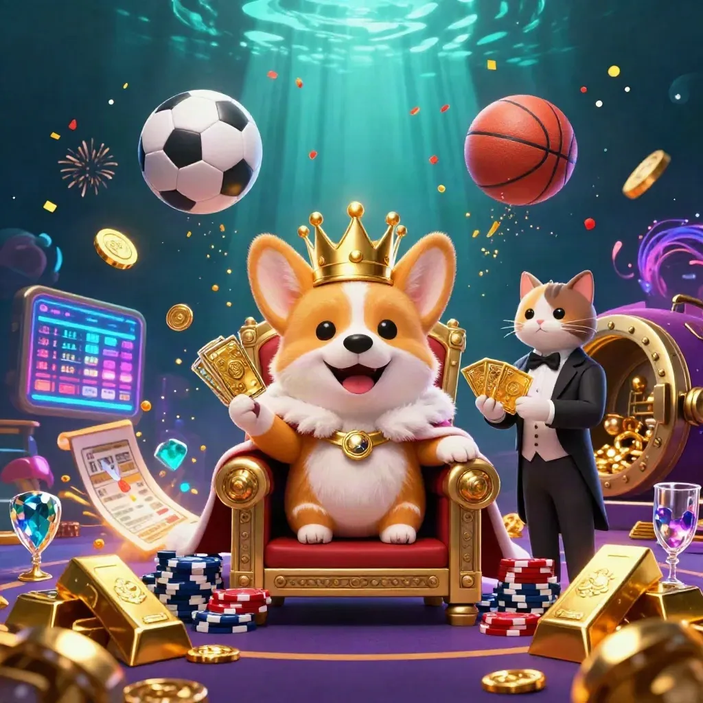 Crowned corgi on chip throne with cat butler, vault blast, balls mid-flight, neon casino fantasy.