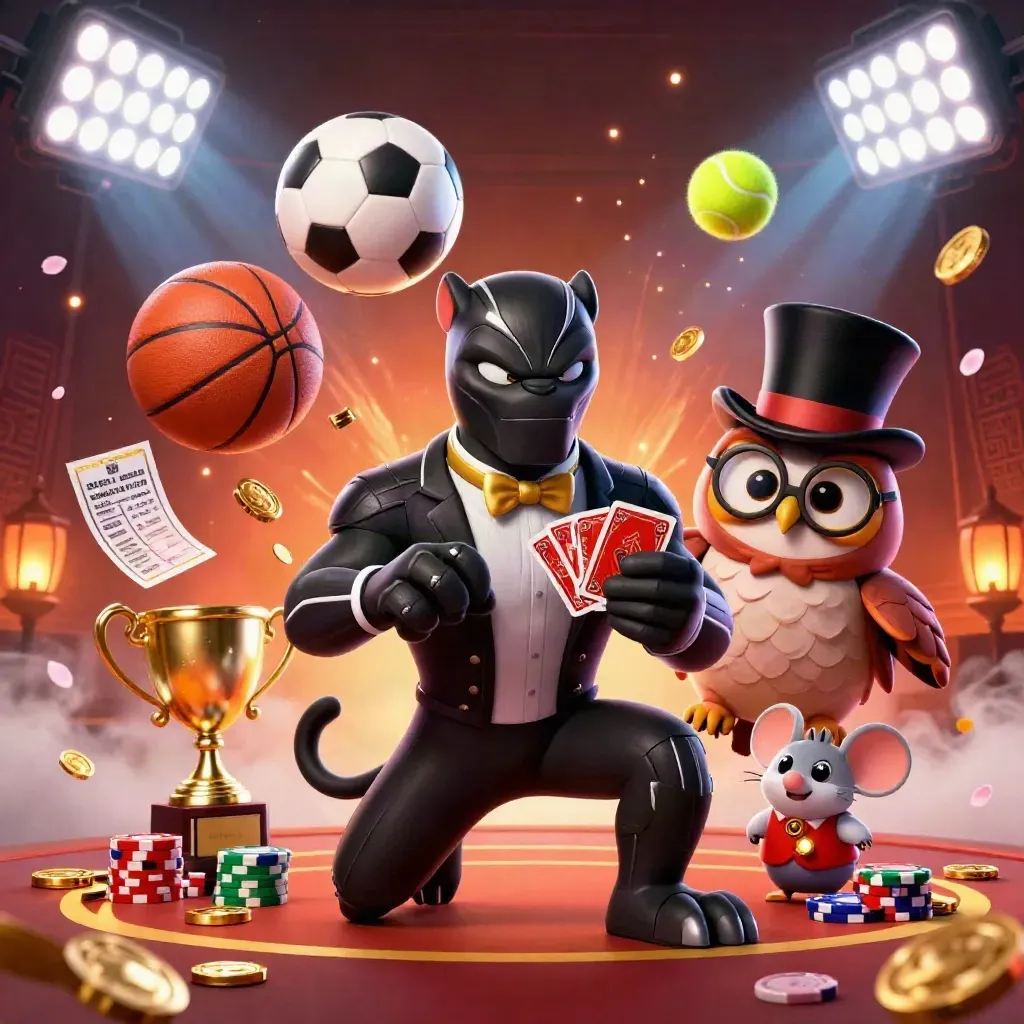 Panther, owl, and mouse amid flying sports balls, coins, chips, and neon stadium light.