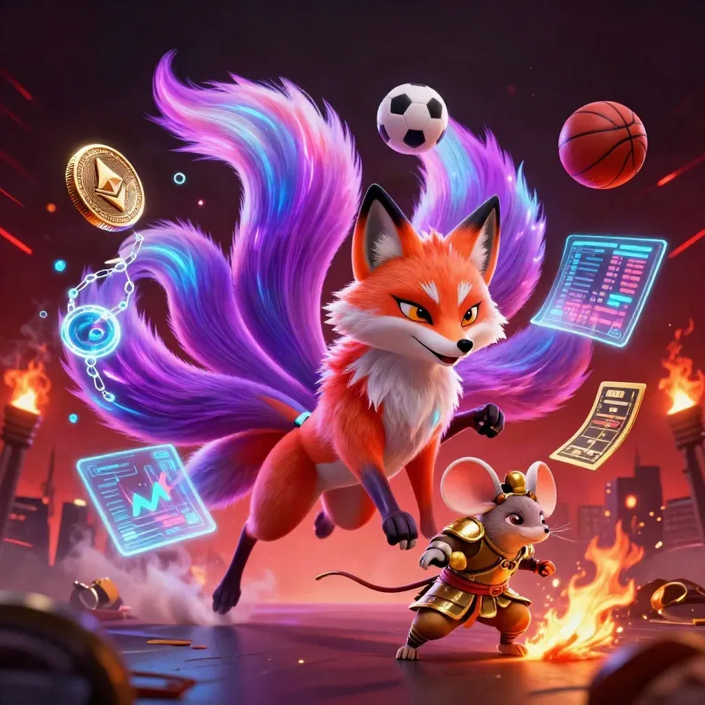 Nine-tailed fox spirit and armored mouse amid neon coins, balls, and casino effects.