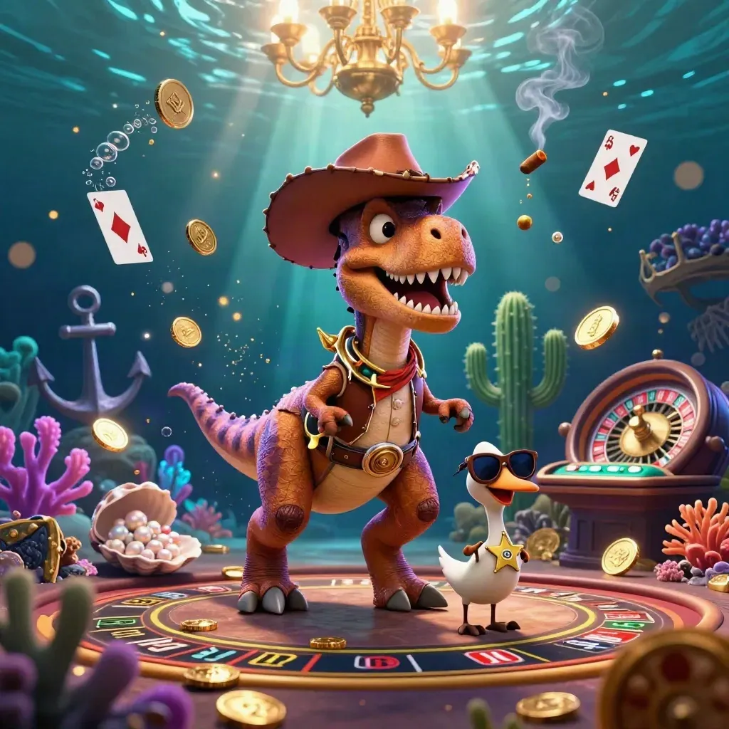 Cowboy T-Rex trio in a glowing underwater casino cove with gold, coral, and roulette chaos