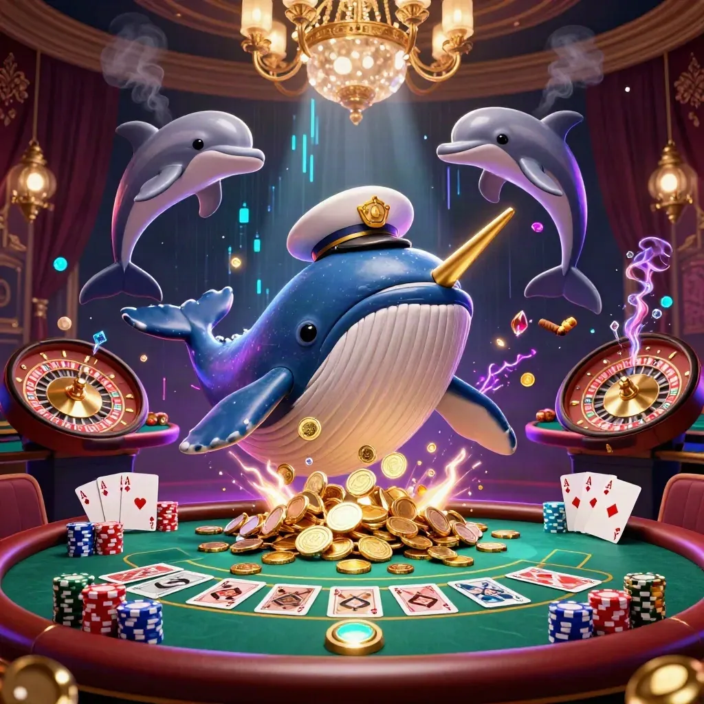 Whale captain, narwhal, and dolphins in a neon luxury casino with coins, cards, and chips.