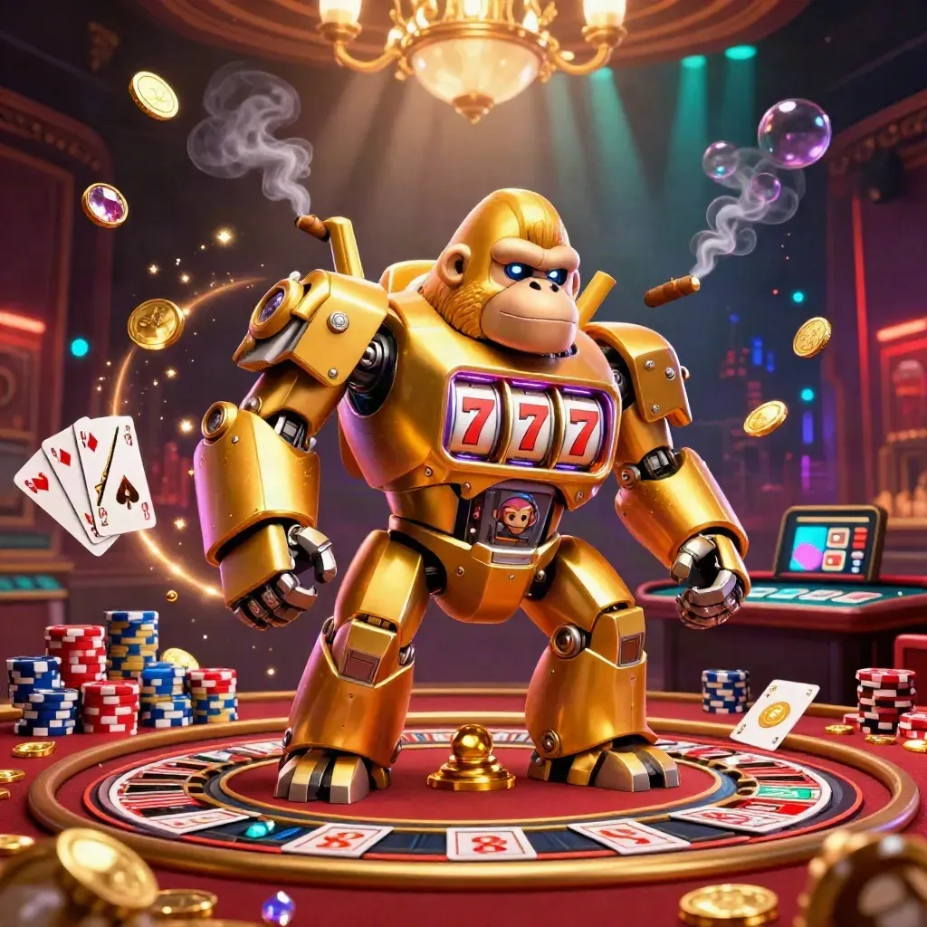 Golden gorilla mech with monkey pilot amid casino lights, coins, cards, roulette wheel, and neon glow.
