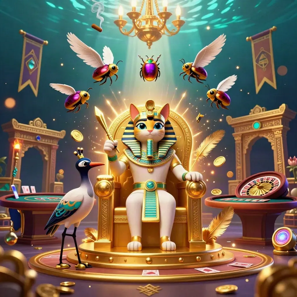 Pharaoh cat casino throne scene with ibis scribe, jeweled scarabs, and neon-gold luxury lighting