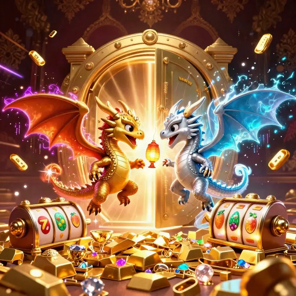 Gold and silver dragons burst from a glowing vault with jewels, reels, and neon energy