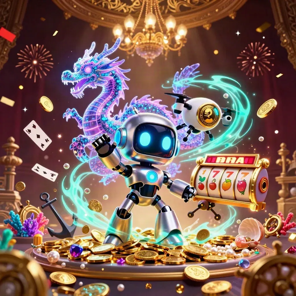 Cyberpunk robot, holographic dragon and coin drone in a sunken treasure cove with casino magic.