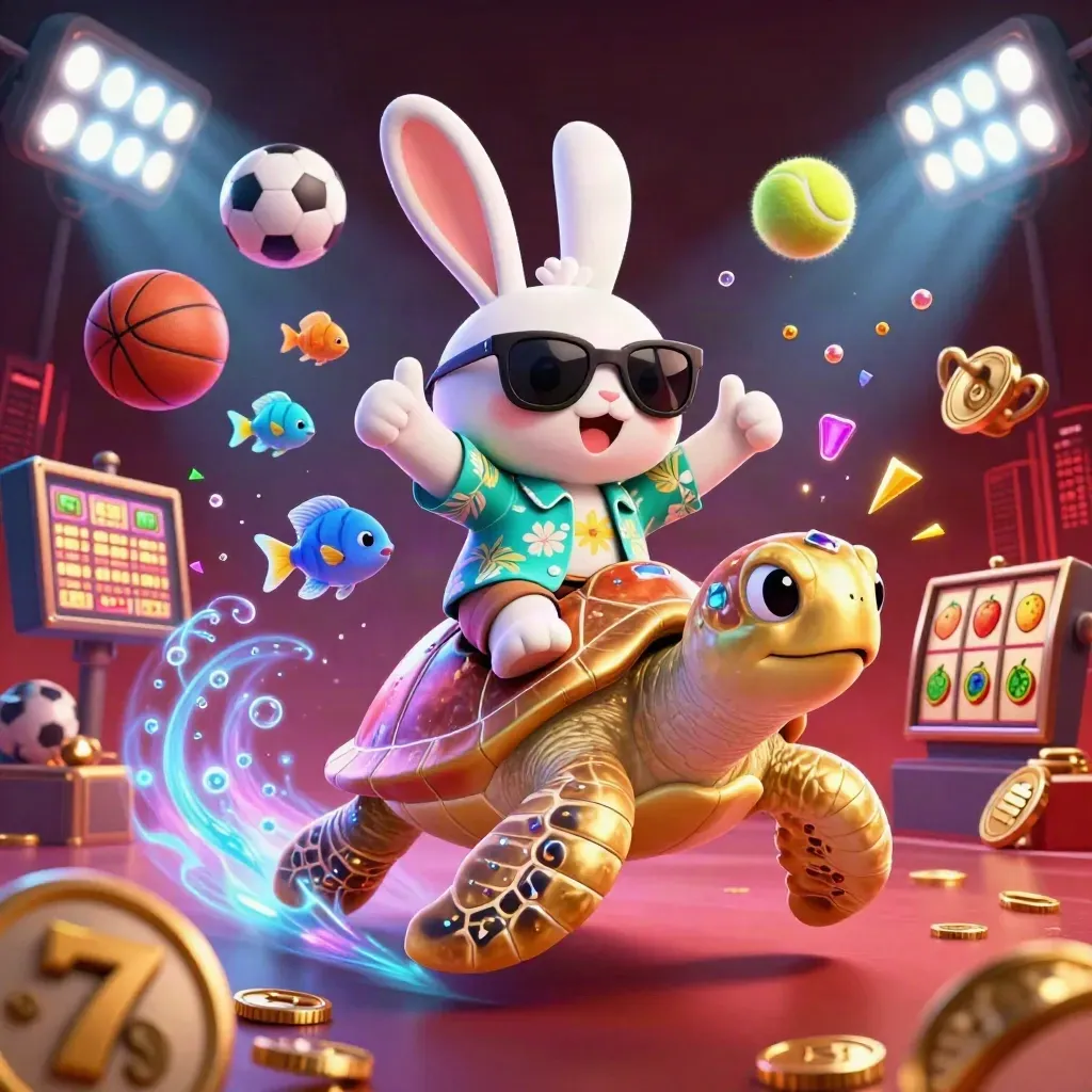 Rabbit rides a golden sea turtle amid sports balls, coins, trophy glow, and neon underwater light.