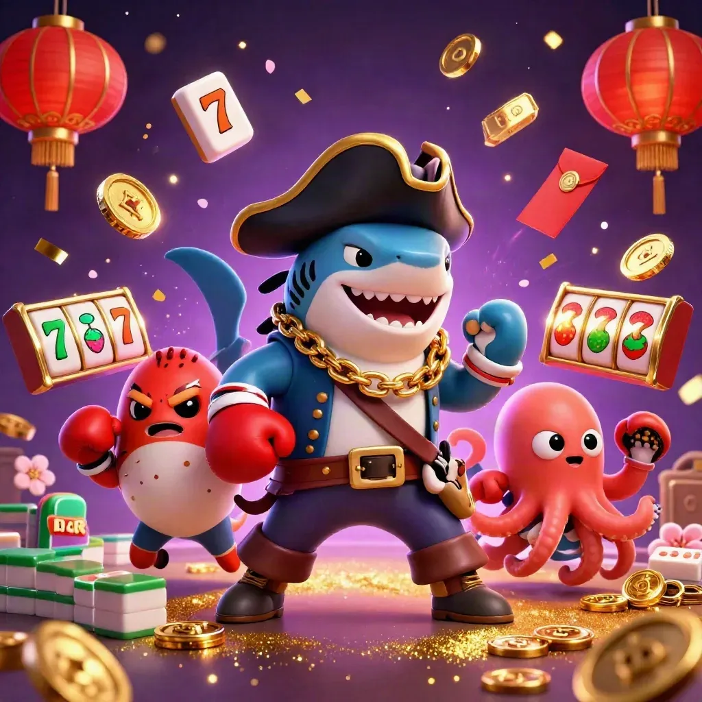 Pirate shark, boxing pufferfish, and juggling octopus amid neon casino bursts and coins.