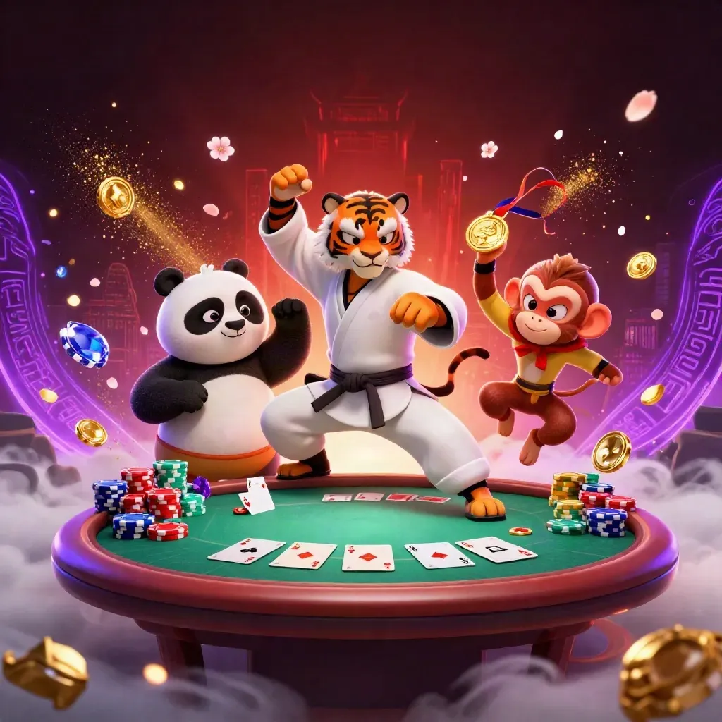 Tiger, panda, and monkey in casino chaos with chips, aces, gold, and purple magic